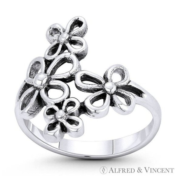 Daisy Flower Cluster Wide-Span Charm Boho Ring in .925 Sterling Silver - Size 9 - Picture 1 of 1